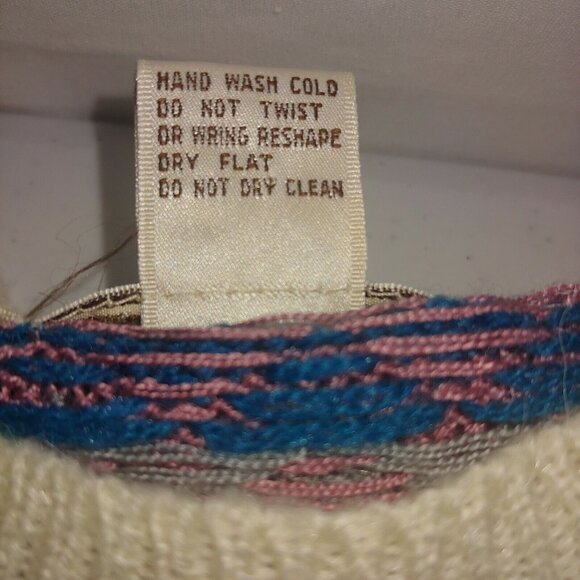 Vintage 80s Brooks Womens M Sweater Geometric Stripe Zig Zag Pink Blue Ruffled - Picture 9 of 9